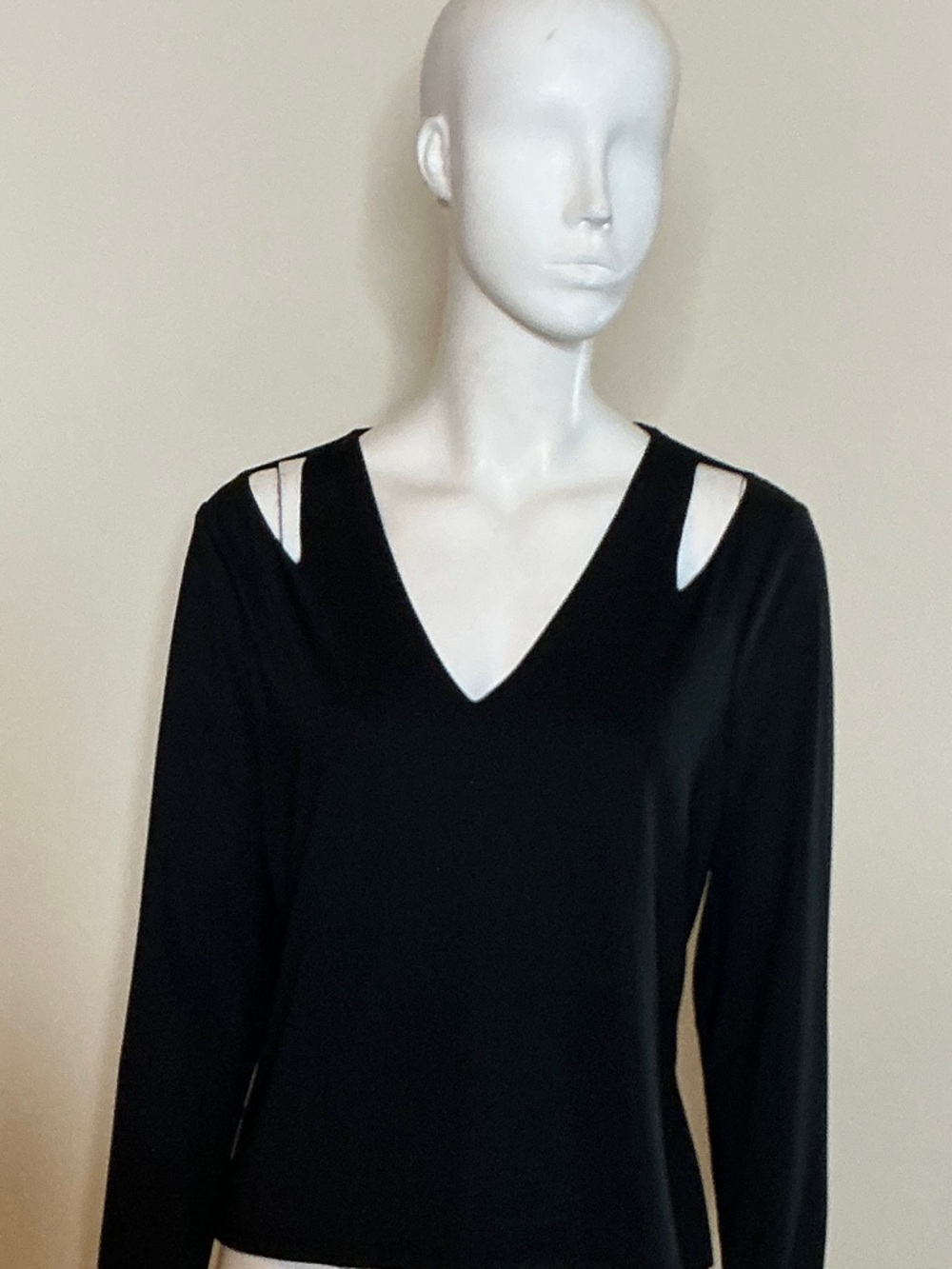 Bar III Black V-Neck Long Sleeve Top with Shoulder Cutouts